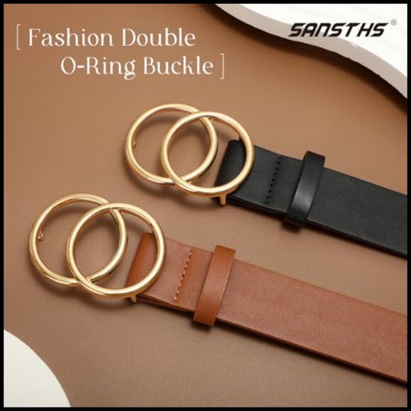 Faux Leather Jeans Belt with Double O Ring Buckle for Women